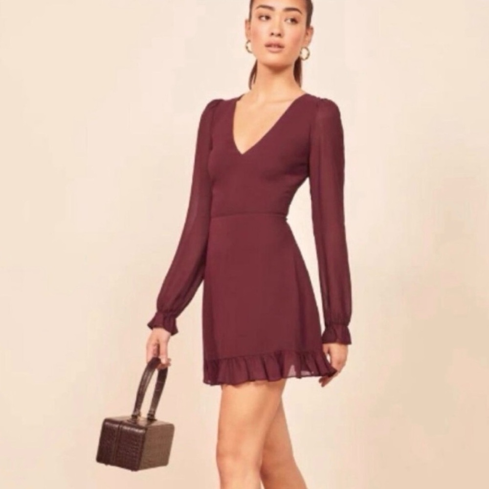 Reformation Maroon Elenor Ruffles Back Cut Out Dress